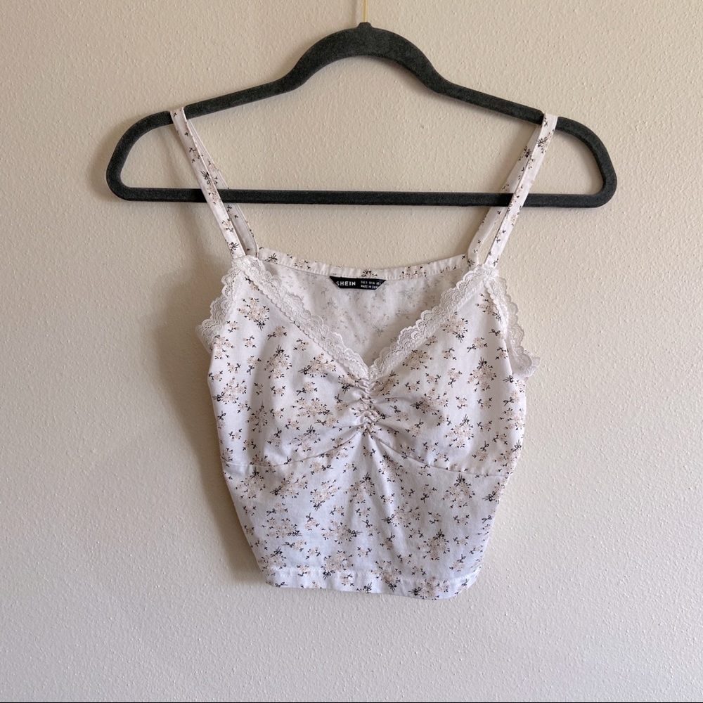 White Floral Cropped Tank Top